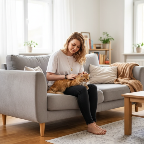 Gérante de CatBNB assise sur un canapé, caressant un chat roux sur ses genoux lors d’une garde à domicile
